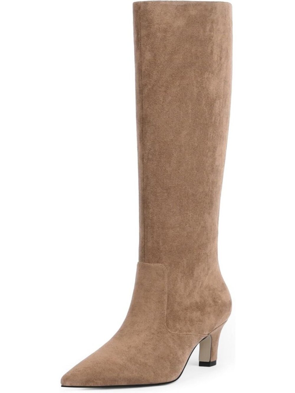 Women Pointed Toe Kitten Low Heel Faux Leather Long Boots Side Zipper Tan Suede